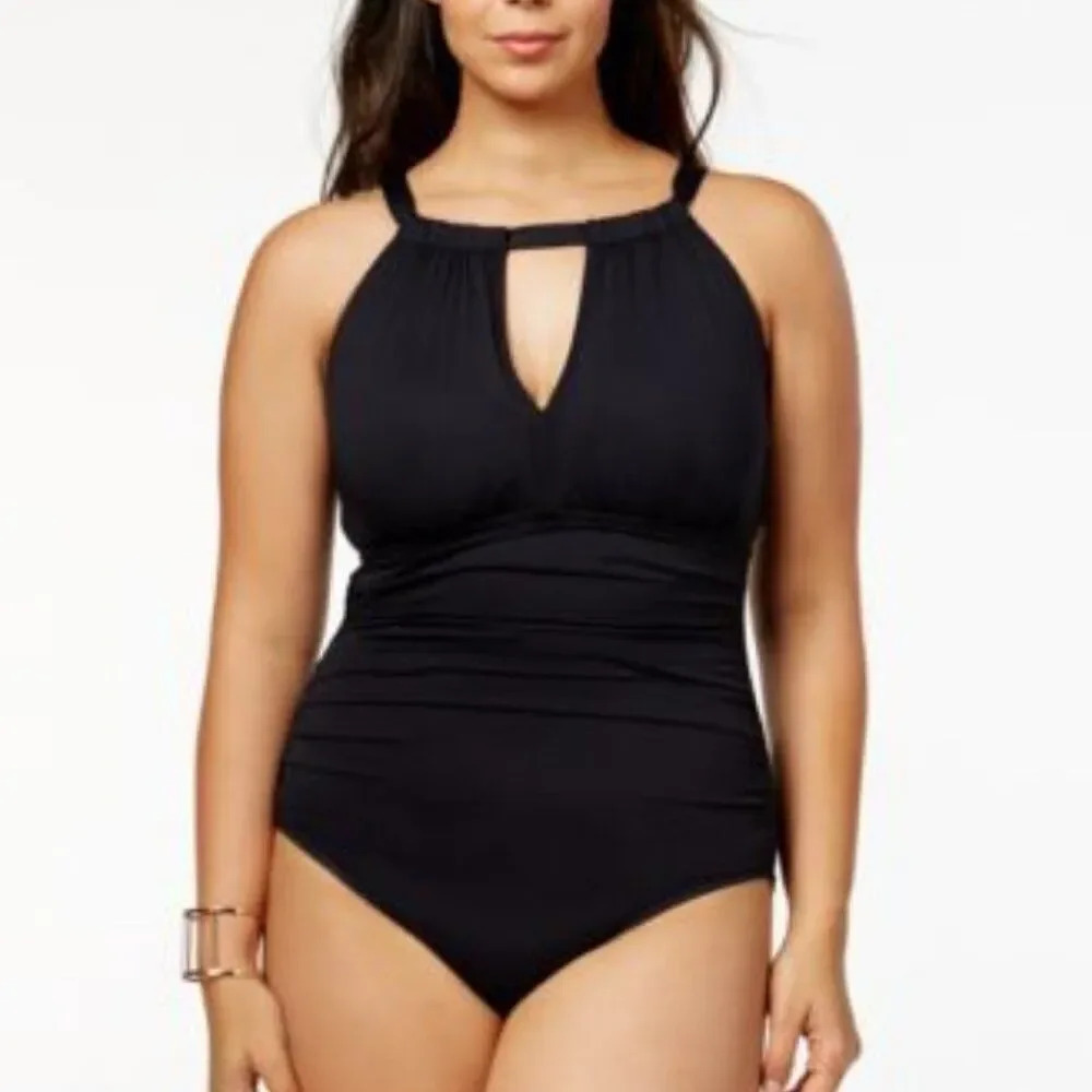 Ralph Lauren Black Slimming Fit High-Neck Keyhole One-Piece Swimsuit Size 10